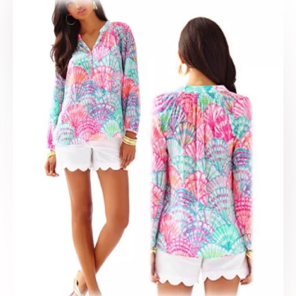 NWOT Lilly Pulitzer Pink Colorful Shell Silk Blouse Top